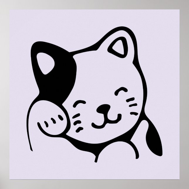 Cute Black and White Kitty Cat Waving Hello Poster (Front)