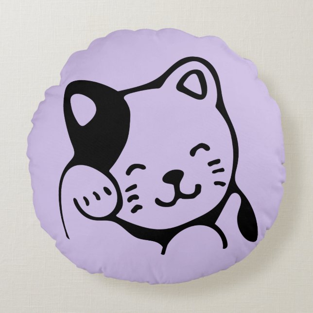 Cute Black and White Kitty Cat Waving Hello Round Cushion (Front)