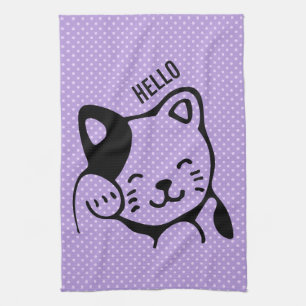 Cute Black and White Kitty Cat Waving Hello Tea Towel