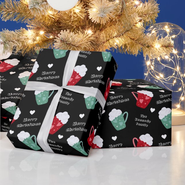Cute Black And White Merry Christmas Hot Cocoa Wrapping Paper (Holidays)