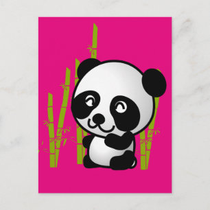 Cute black and white panda bear in a bamboo grove. postcard