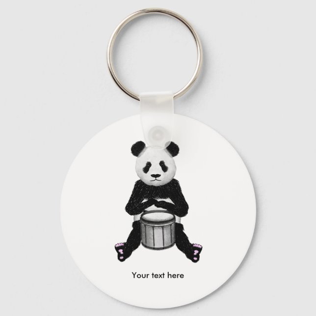Cute BLack and White Panda Drummer Key Ring (Front)