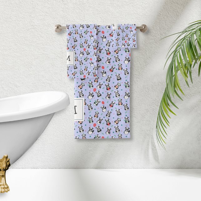 Cute Black and White Panda Monogrammed | Purple Bath Towel Set (Creator Uploaded)