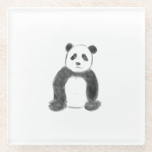 Cute black and white panda sketch glass coaster