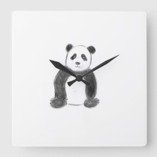 Cute black and white panda sketch square wall clock