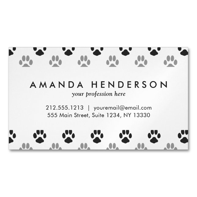 Cute Black And White Paw Prints Pattern Magnetic Business Card (Front)