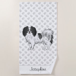 Cute Black And White Phalène Dog With Custom Name Beach Towel