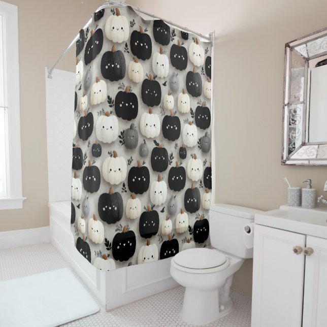 Cute Black and White Pumpkin Fall Pattern Shower Curtain (In Situ)