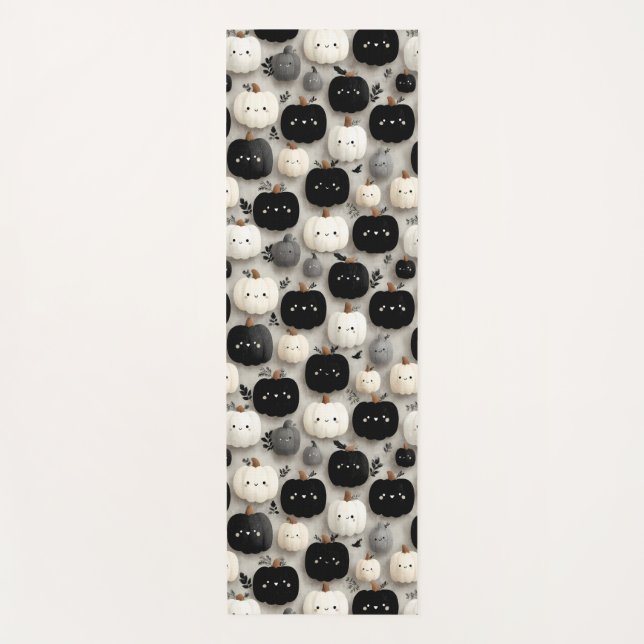 Cute Black and White Pumpkin Fall Pattern Yoga Mat (Front)