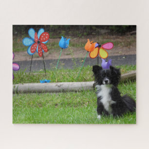 Cute Black and White Puppy Colorful Spring Flower Jigsaw Puzzle