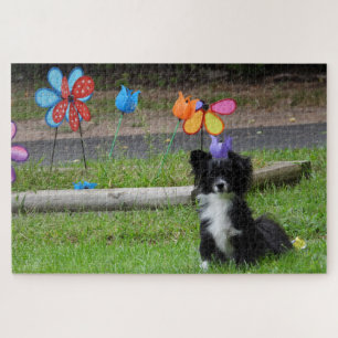 Cute Black and White Puppy Colourful Spring Flower Jigsaw Puzzle