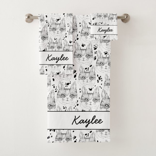 Cute Black and White Serene Cat Face Pattern  Bath Towel Set (Insitu)