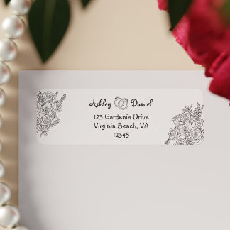 Cute Black and White Simple Floral Doodle Wedding Return Address Label
