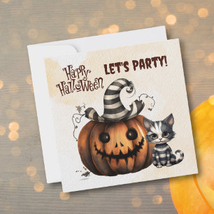 Cute Black and White Striped Halloween Kitten Invitation