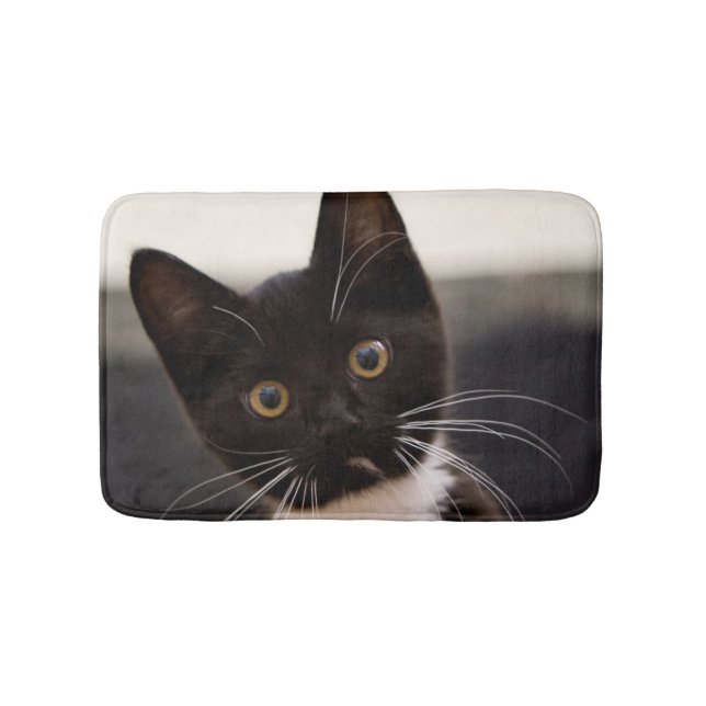 Cute Black And White Tuxedo Kitten Bath Mat (Front)