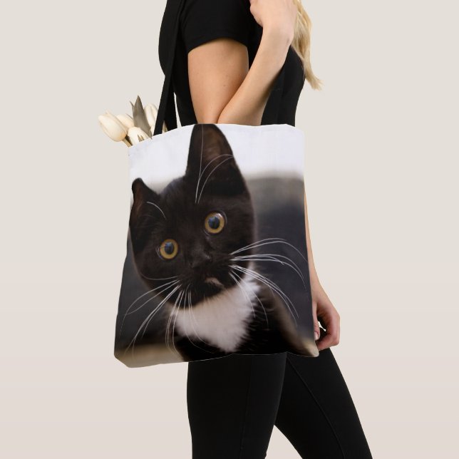 Cute Black And White Tuxedo Kitten Tote Bag (Close Up)