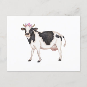 Cute Black and White Watercolor Cow with Flowers Postcard