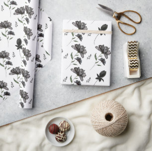 Cute Black and White Watercolor Floral Patter Wrapping Paper