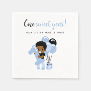 Cute Black Baby Boy Blue Balloon First Birthday Napkin