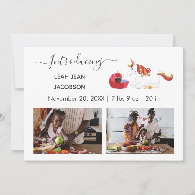 Cute Black Baby Photo Birth Announcement Unicorn (Front)