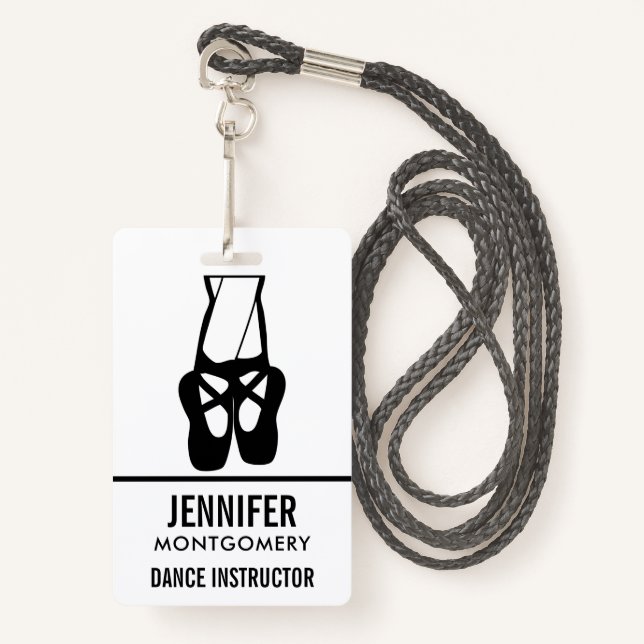 Cute Black Ballet Slippers En Pointe ID Badge (Front with Lanyard)