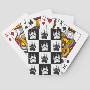 Cute Black Bear Paw Print Chequerboard Pattern Playing Cards