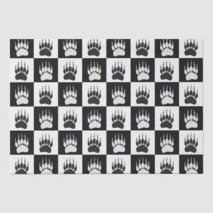 Cute Black Bear Paw Print Chequerboard Pattern Tissue Paper