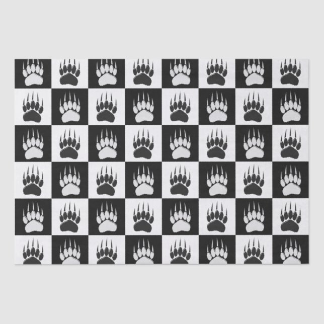 Cute Black Bear Paw Print Chequerboard Pattern Tissue Paper (Front)