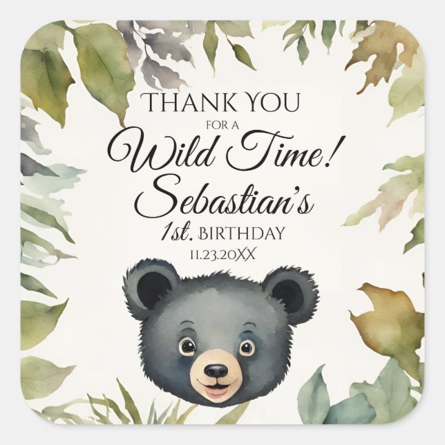 Cute Black Bear Woodland Thank You Birthday Square Sticker (Front)
