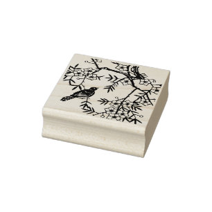 Cute Black Bird Tree Branches Flowers Berries Rubber Stamp