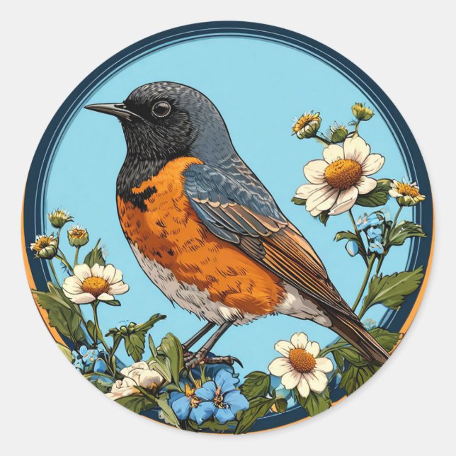🐦 Cute Black Bird With Flowers Classic Round Sticker (Front)