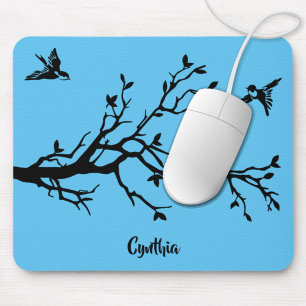 Cute Black Birds & Tree Branch Personalised Mouse Pad