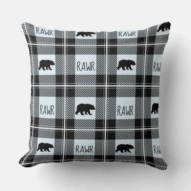 Cute Black Blue & White Bear and Rawr Flannel Cushion (Front)