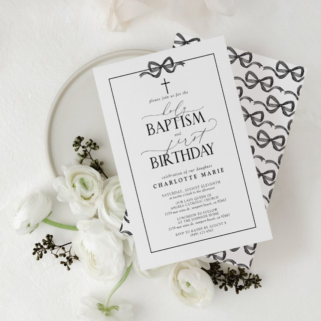 Cute Black Bow Girl Holy Baptism & 1st Birthday Invitation (Easily personalize this beautiful baptism and first birthday invitation with your personal details)