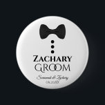Cute Black Bow Tie Groom Wedding Name Tag 6 Cm Round Badge<br><div class="desc">This fun button is designed as a name tag for the groom. Perfect for identifying him at a wedding shower or rehearsal dinner. The buttons feature an image of a black tie with three buttons. The text reads "Groom" and has a space to enter his name as well as the...</div>