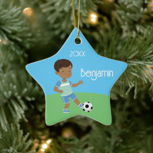 Cute Black Boy Soccer Personalised Christmas Ceram Ceramic Ornament