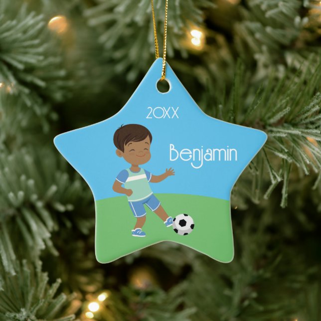 Cute Black Boy Soccer Player Ceramic Ornament (Tree)
