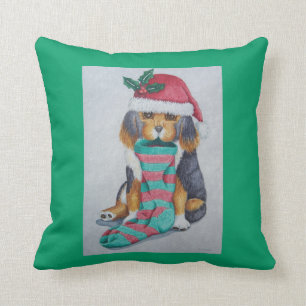 cute black brown puppy dressed for christmas cushion