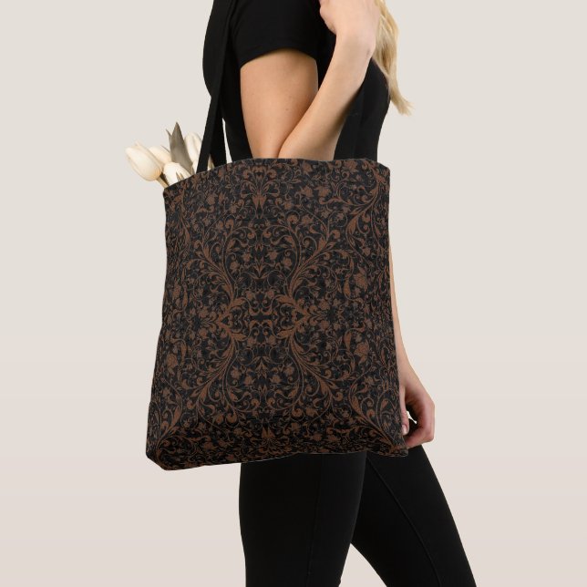 Cute black brown tiger floral pattern tote bag (Close Up)