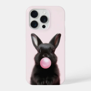 Cute Black Bunny Blowing Pink Bubble Gum iPhone 15 Pro Case