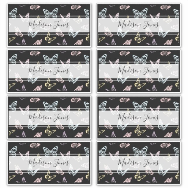 Cute Black Butterfly Pattern Kids Name School Book (Front)