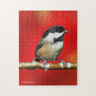 Cute Black-Capped Chickadee with Red Autumn Leaves Jigsaw Puzzle