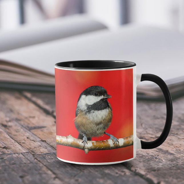 Cute Black-Capped Chickadee with Red Autumn Leaves Mug (Cute Black-Capped Chickadee on Branch with Red Autumn Leaves 11 oz Coffee Mug Cover Photo.)