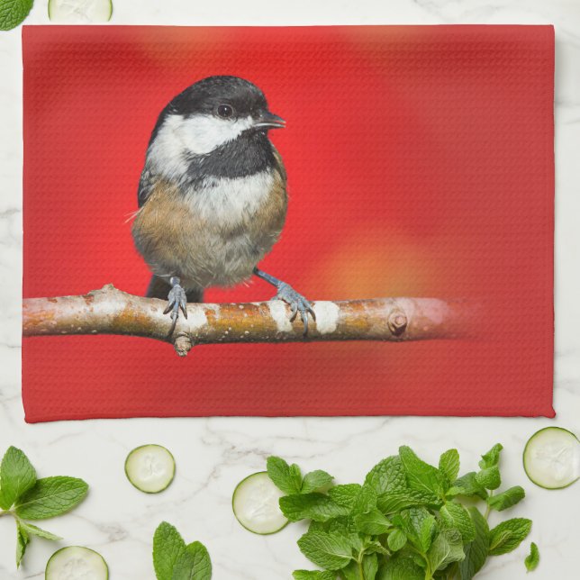 Cute Black-Capped Chickadee with Red Autumn Leaves Tea Towel (Folded)