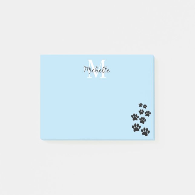 Cute Black Cartoon Pet Paw Trail Baby Blue Post-it Notes (Front)