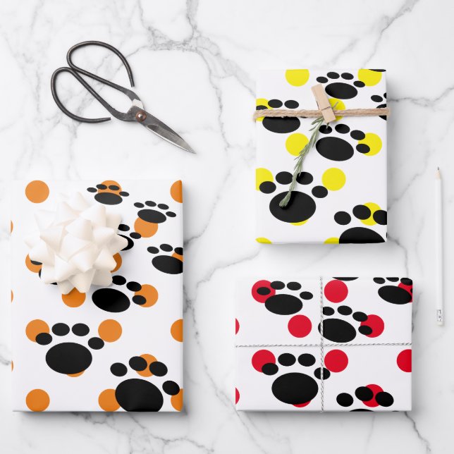 Cute Black Cartoon Pet Paws And Polka Dots Wrapping Paper Sheet (Front)