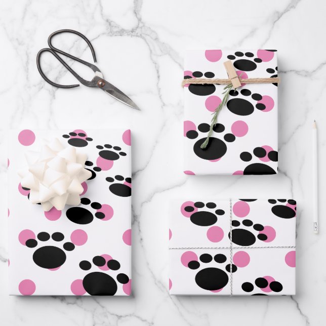Cute Black Cartoon Pet Paws And Polka Dots Wrapping Paper Sheet (Front)
