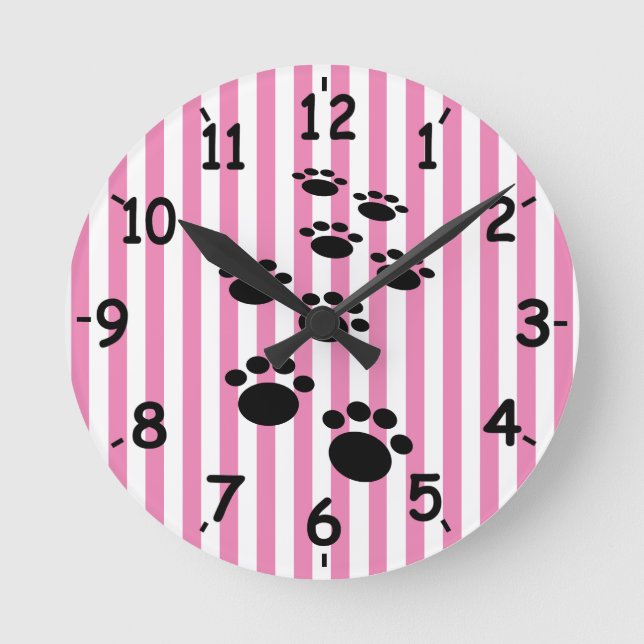 Cute Black Cartoon Pet Paws And Stripes Round Cloc Round Clock (Front)