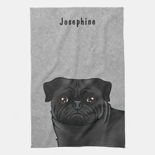 Cute Black Cartoon Pug Head Close-Up And Name Grey Tea Towel (Vertical)