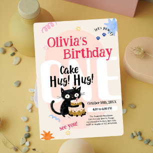 Cute Black Cat 1st Birthday Party Invitation